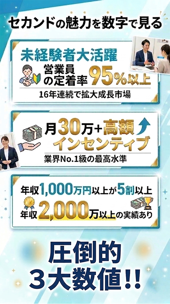 セカンドの魅力を数字で見る 定着率95%以上 月30万+高額インセンティブ 年間休日120日以上